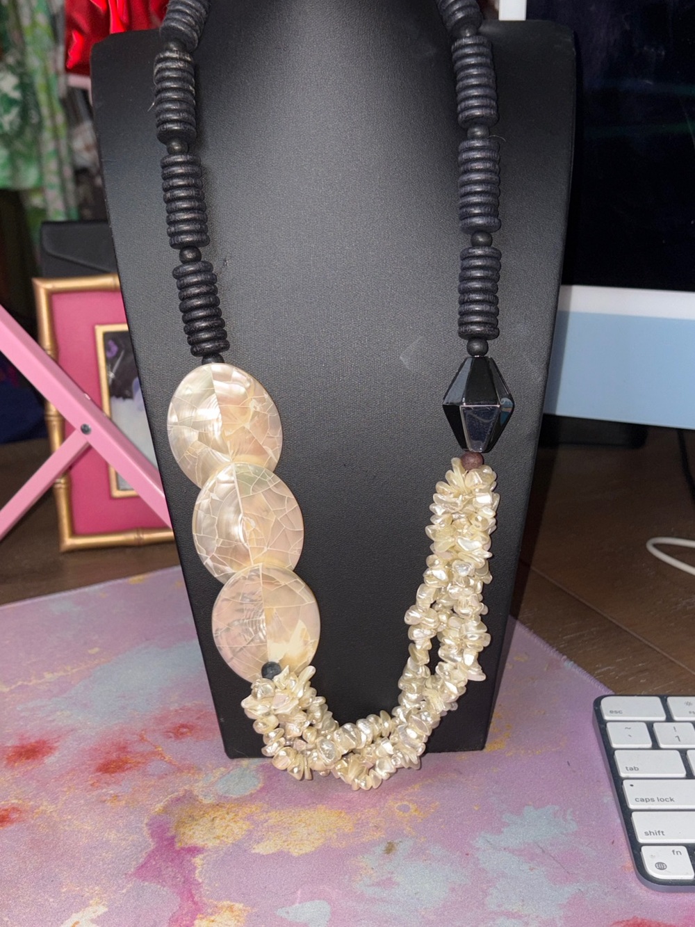 Statement Mother of Pearl Shell Necklace Black Wood Bead Artisan Boho